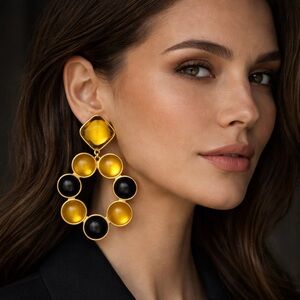 Vintage Michele Sugar Statement Clip-On Earrings Lucite Black Gold 80s